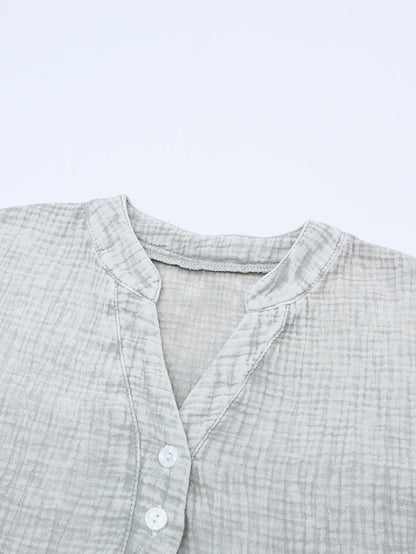 Gray Crinkle Texture Henley Top with Loose Fit