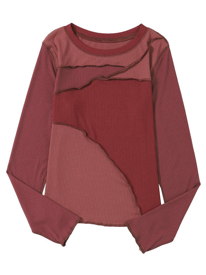 Fiery Red Color Block Ribbed Knit Top with Exposed Seams