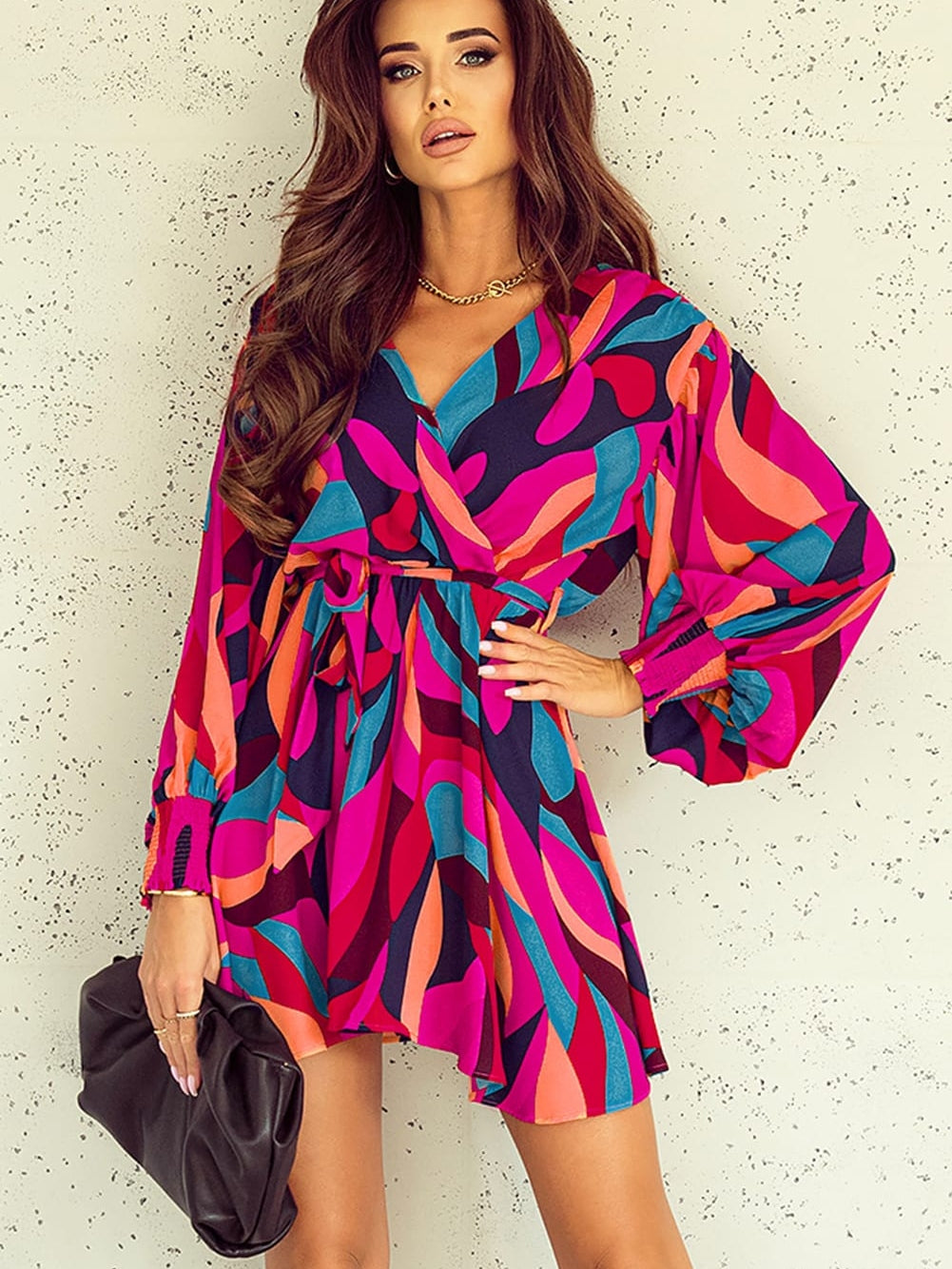 Lapel Print Lace-Up Long Sleeve Dress