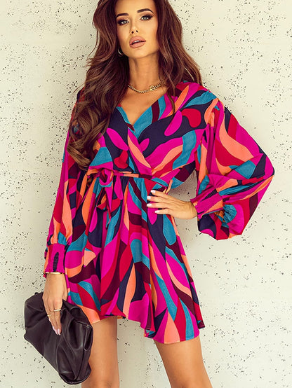 Lapel Print Lace-Up Long Sleeve Dress