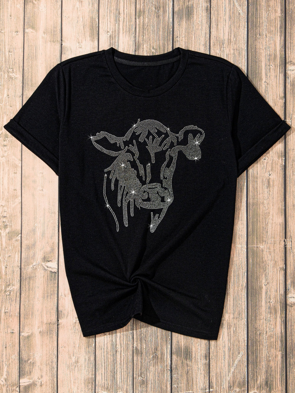Glamorous Black Rhinestone Western Steer Head Graphic Tee