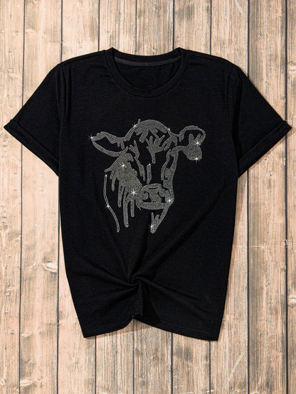 Glamorous Black Rhinestone Western Steer Head Graphic Tee
