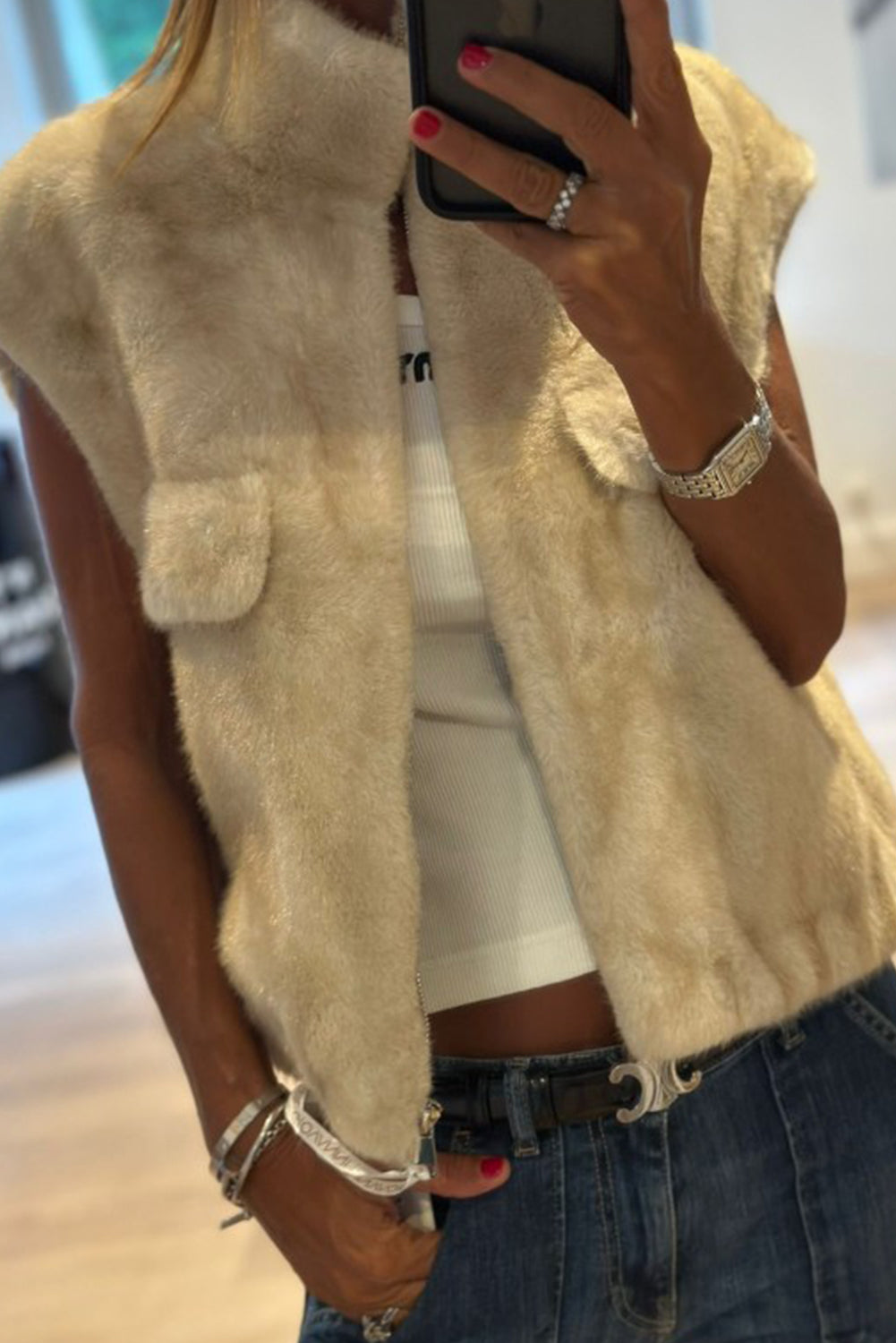 Tan Faux Fur Stand Neck Zip Up Winter Vest