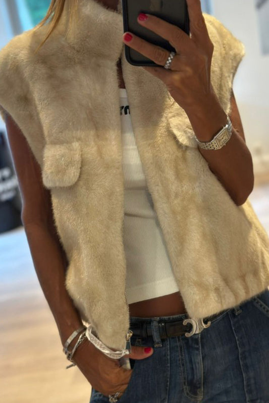 Tan Faux Fur Stand Neck Zip Up Winter Vest