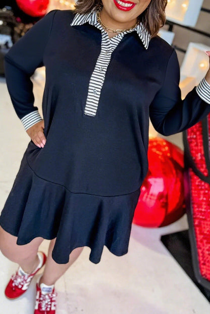 Black Plus Size Striped Cuffs Polo Collar Patchwork Long Sleeve Ruffle Hem Dress