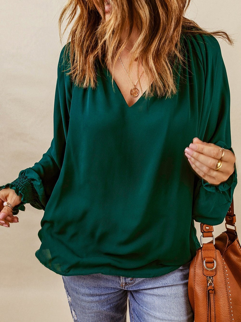 Elegant Green V Neck Puff Sleeve Top