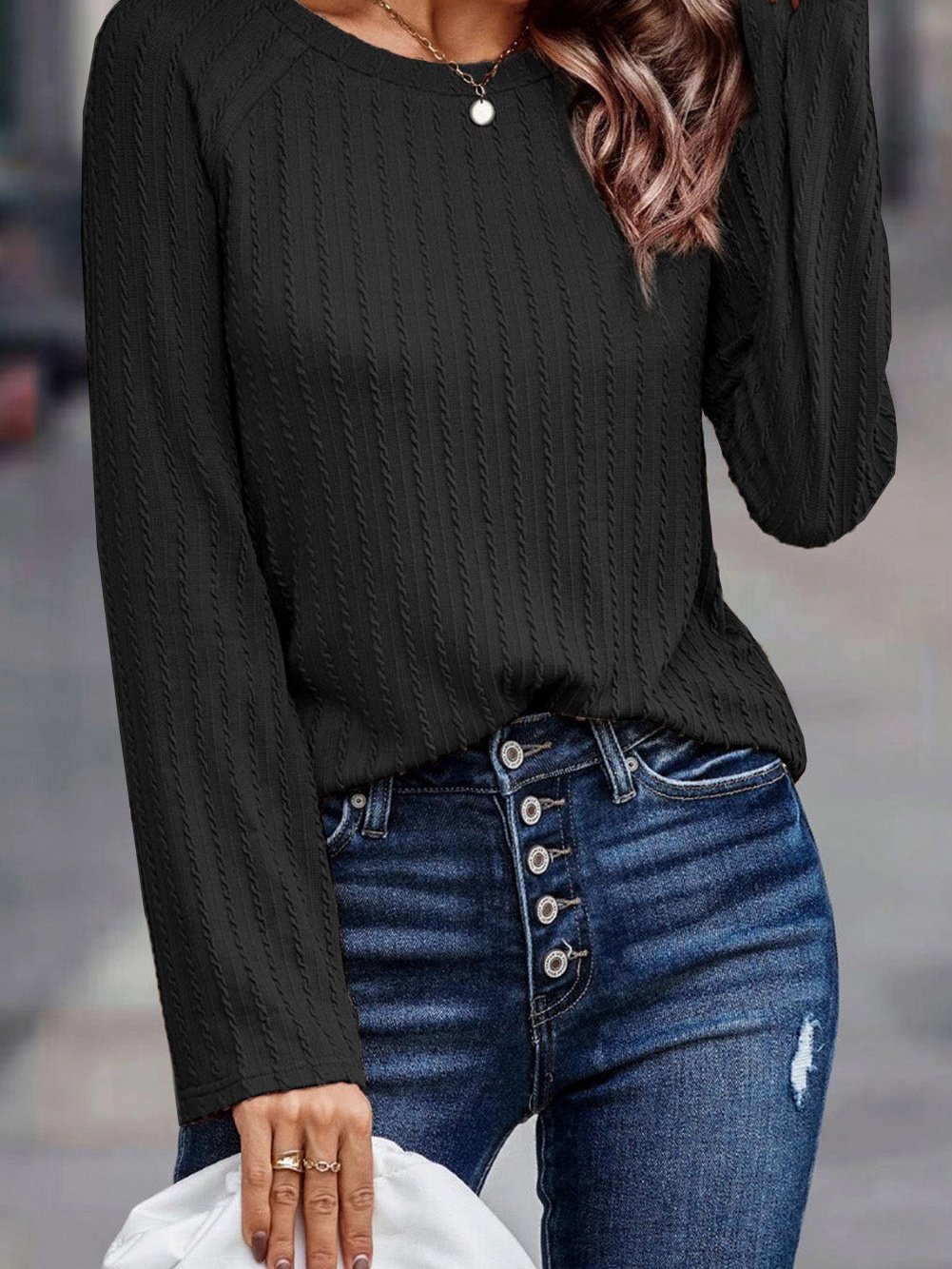 Elegant Black Ribbed Round Neck Long Sleeve Top