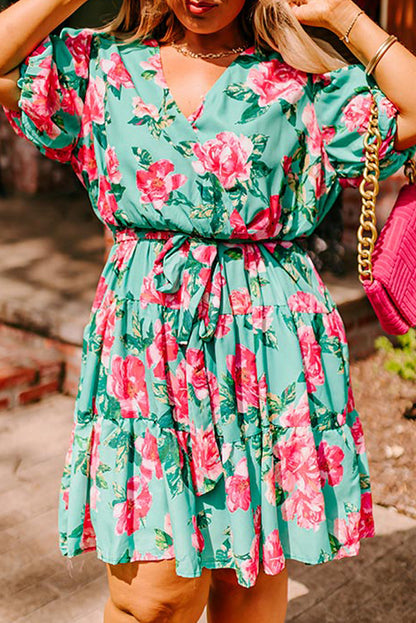 Green Floral Surplice Ruffled A-Line Plus Size Dress