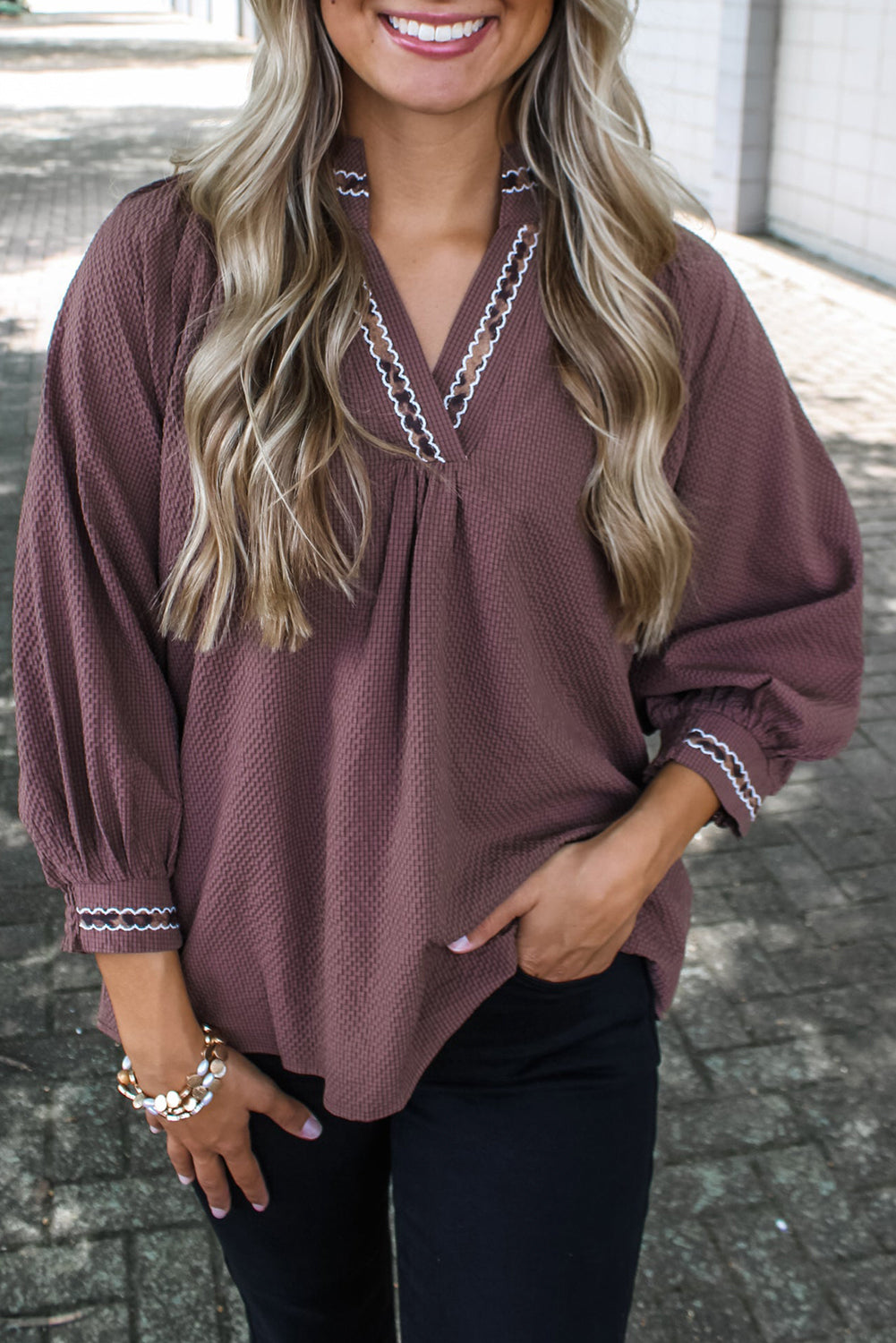 Dark Brown Contrast Leopard Trim Bracelet Sleeve V Neck Textured Top