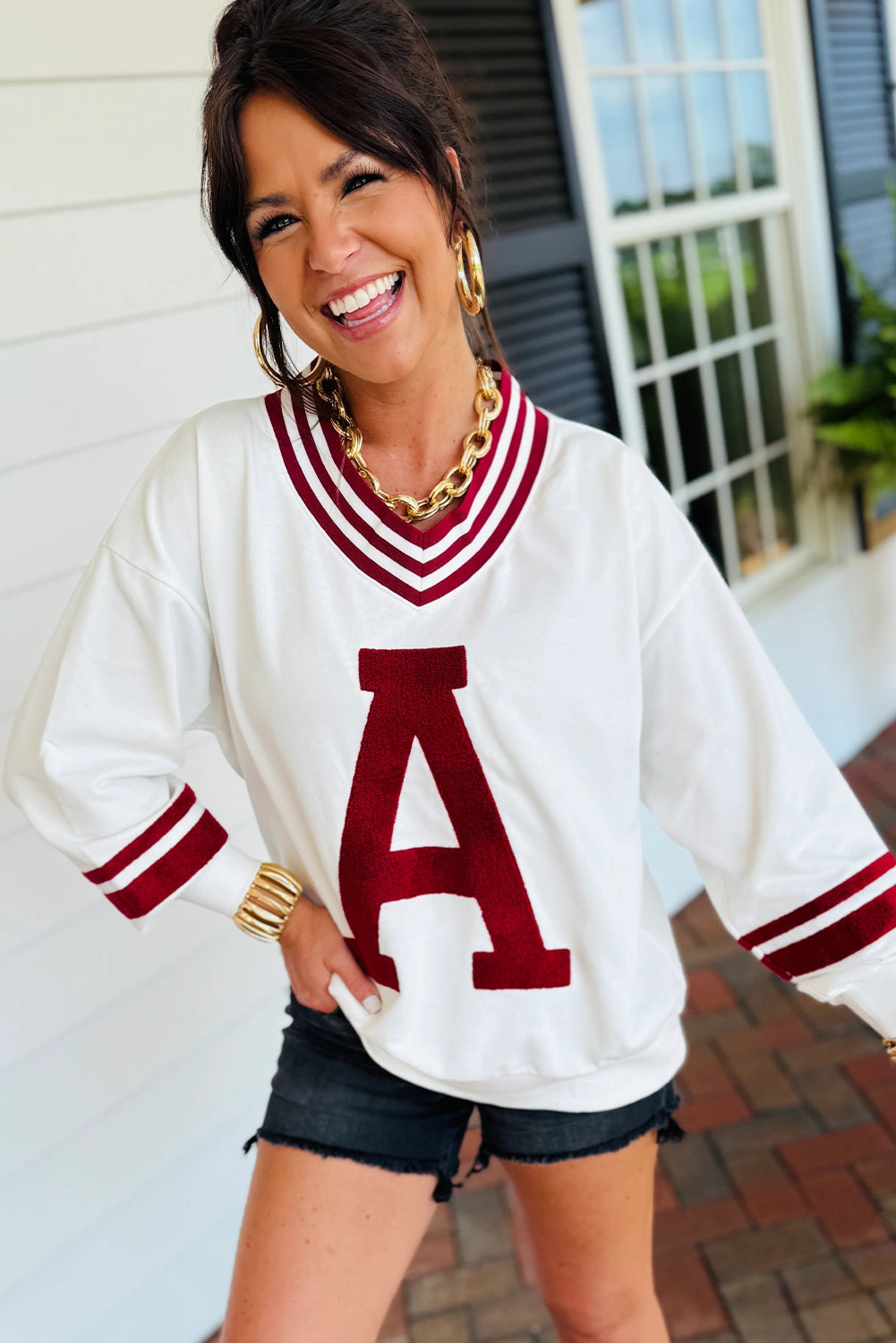Red Dahlia Chenille Letter A Graphic Varsity Striped V Neck Puff Sleeve Sweatshirt