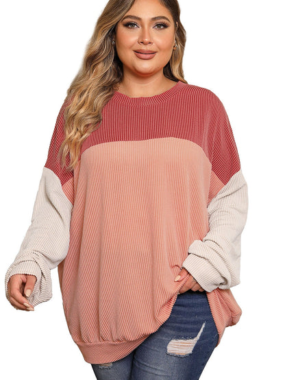 Mineral Red Plus Size Ribbed Colorblock Long Sleeve Top