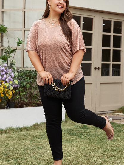 Plus Size Khaki Leopard Print V-Neck T-shirt