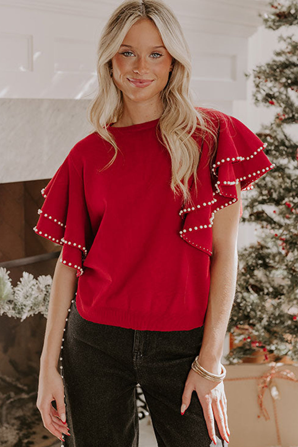 Racing Red Pearl Embellished Double Ruffle Short Sleeve Sweater
