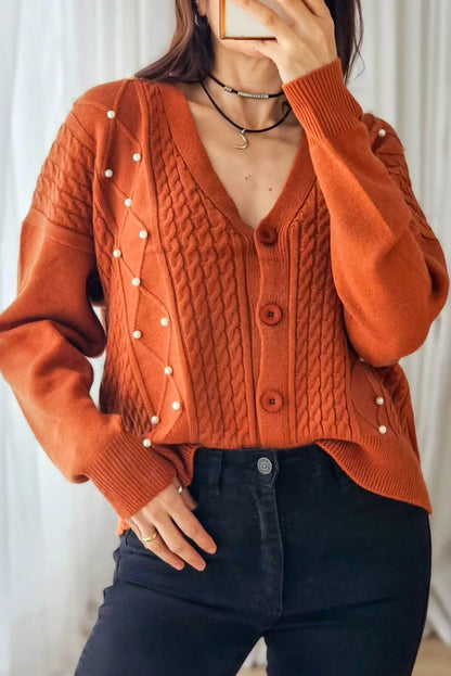 Gold Flame Cable Rhombus Knit Pearl Embellished Button V Neck Cardigan