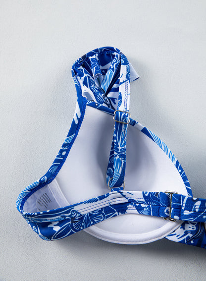 Floral White Bikini Set with Ruffled Bottom and Cover-Up