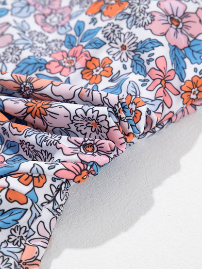 Elegant Pink Floral Drawstring Ruched Beach Swim Dress