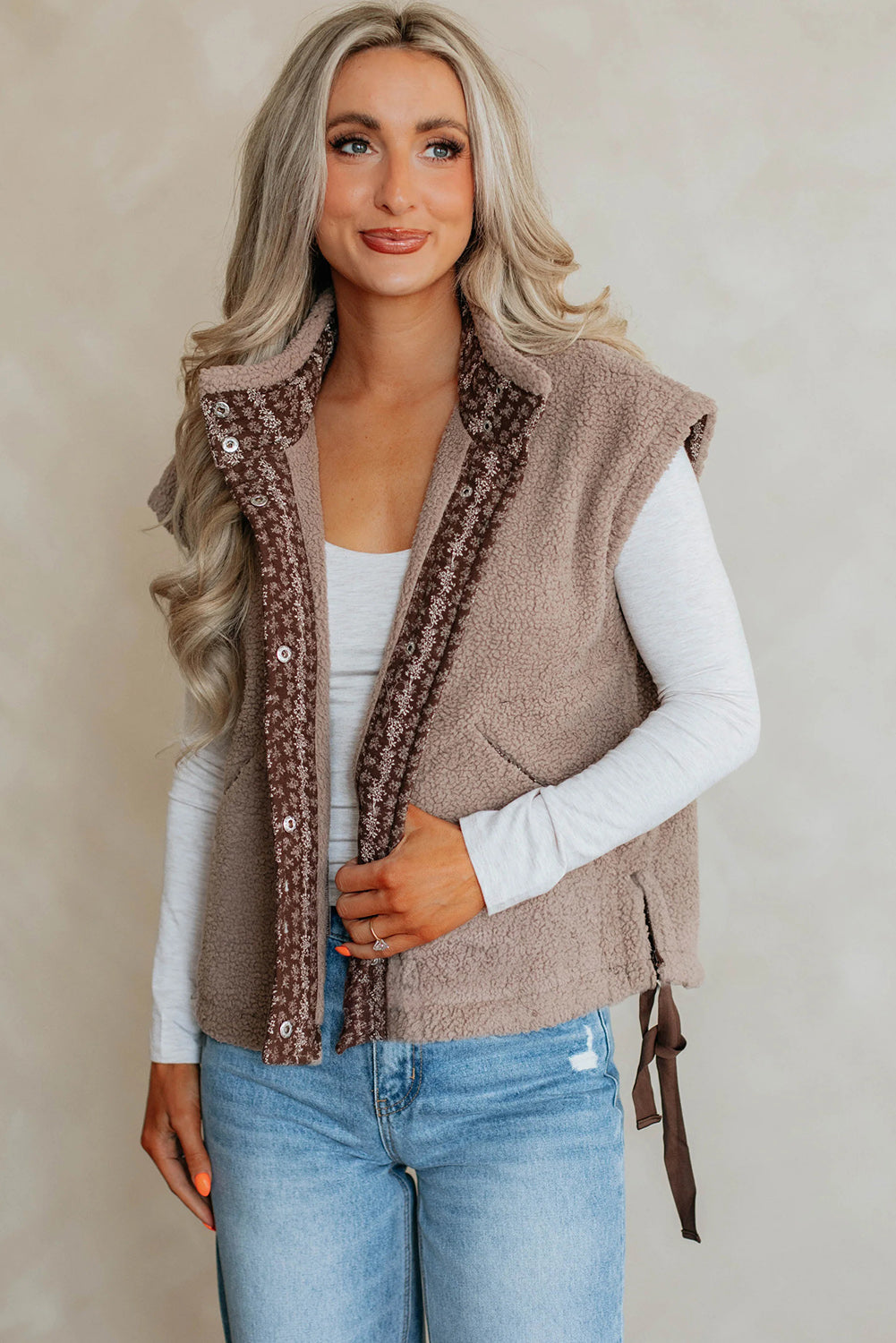 Goat Sherpa Pocketed Contrast Trim Button Down Drawstring Side Slit Vest