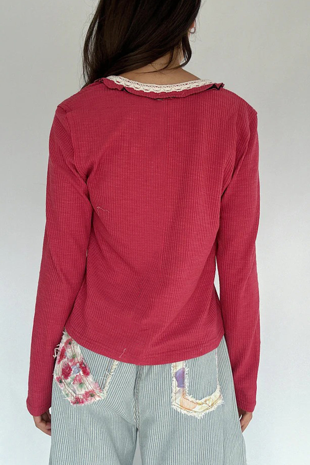 Pitaya Pink Ribbed Knit Long Sleeve Lace Trim V Neck Buttoned Pullover Top