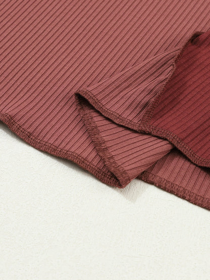 Fiery Red Color Block Ribbed Knit Top with Exposed Seams