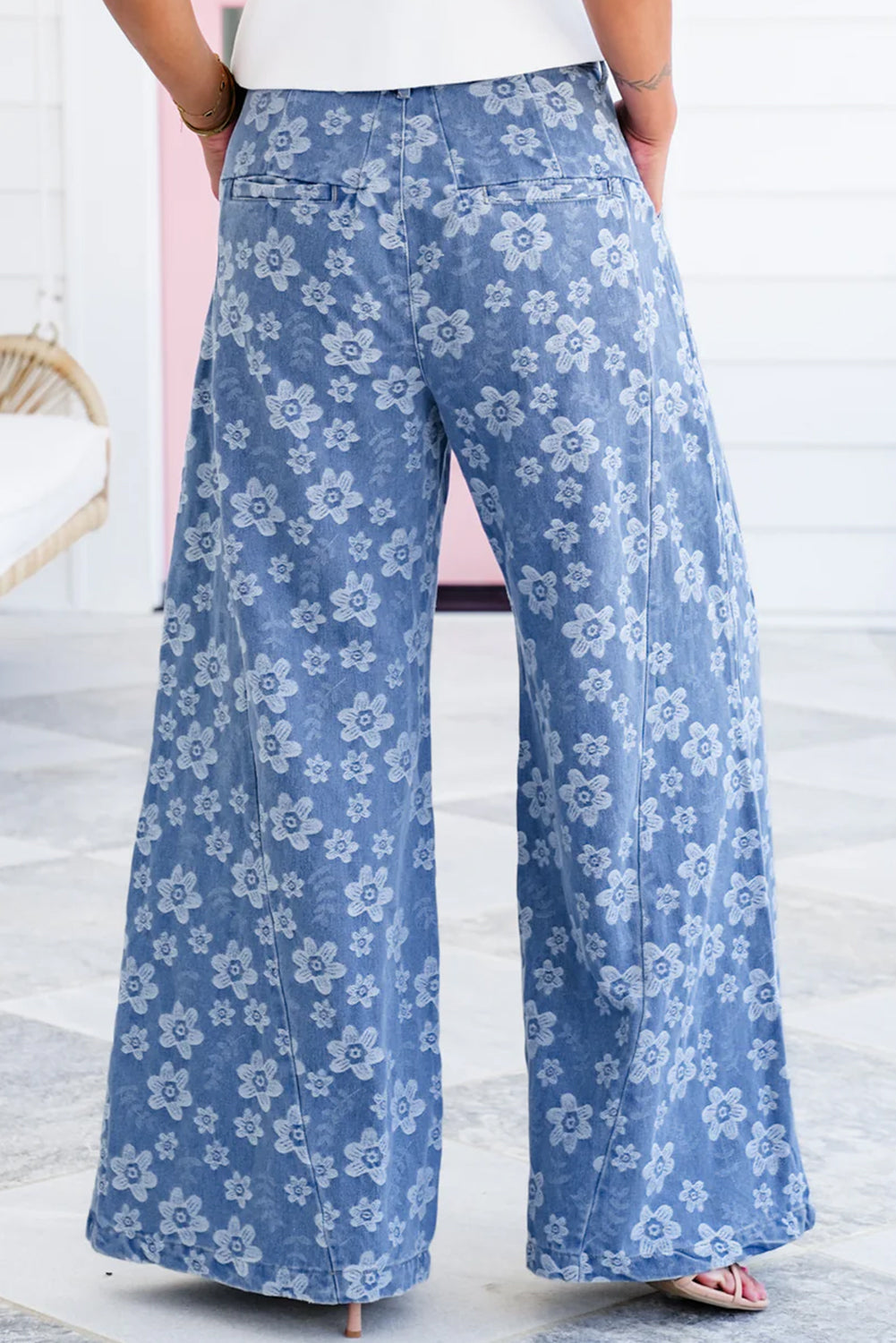 Sky Blue Floral Print Wide Leg Pleated Waist Denim Pants