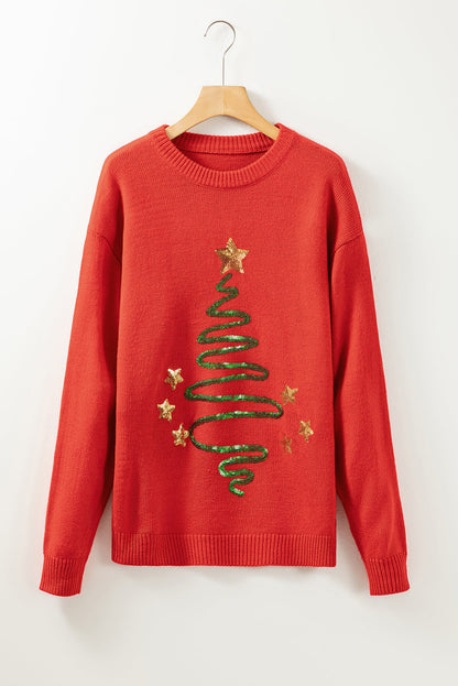 Festive Red Sequin Christmas Tree Sweater with Drop Shoulders