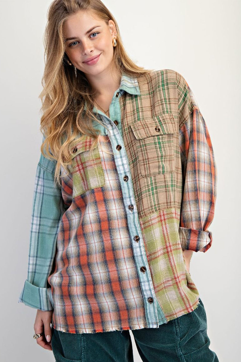 Green Mixed Plaid Patchwork Button Down Flannel Shacket