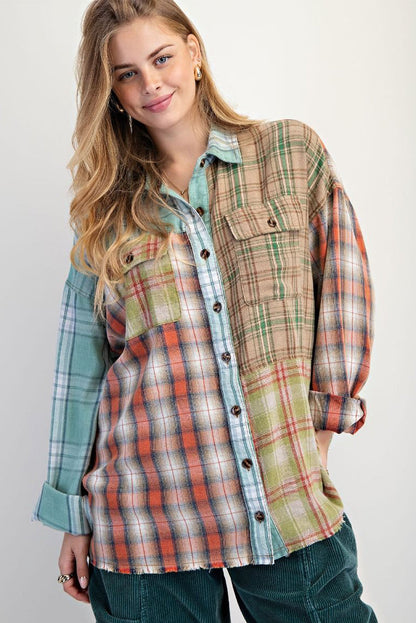 Green Mixed Plaid Patchwork Button Down Flannel Shacket
