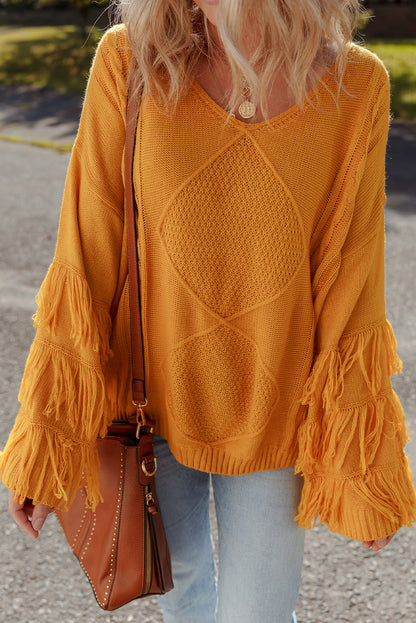 Jurassic Gold Pattern Knit Detail Fringe Trim Bell Sleeve Drop Shoulder Sweater