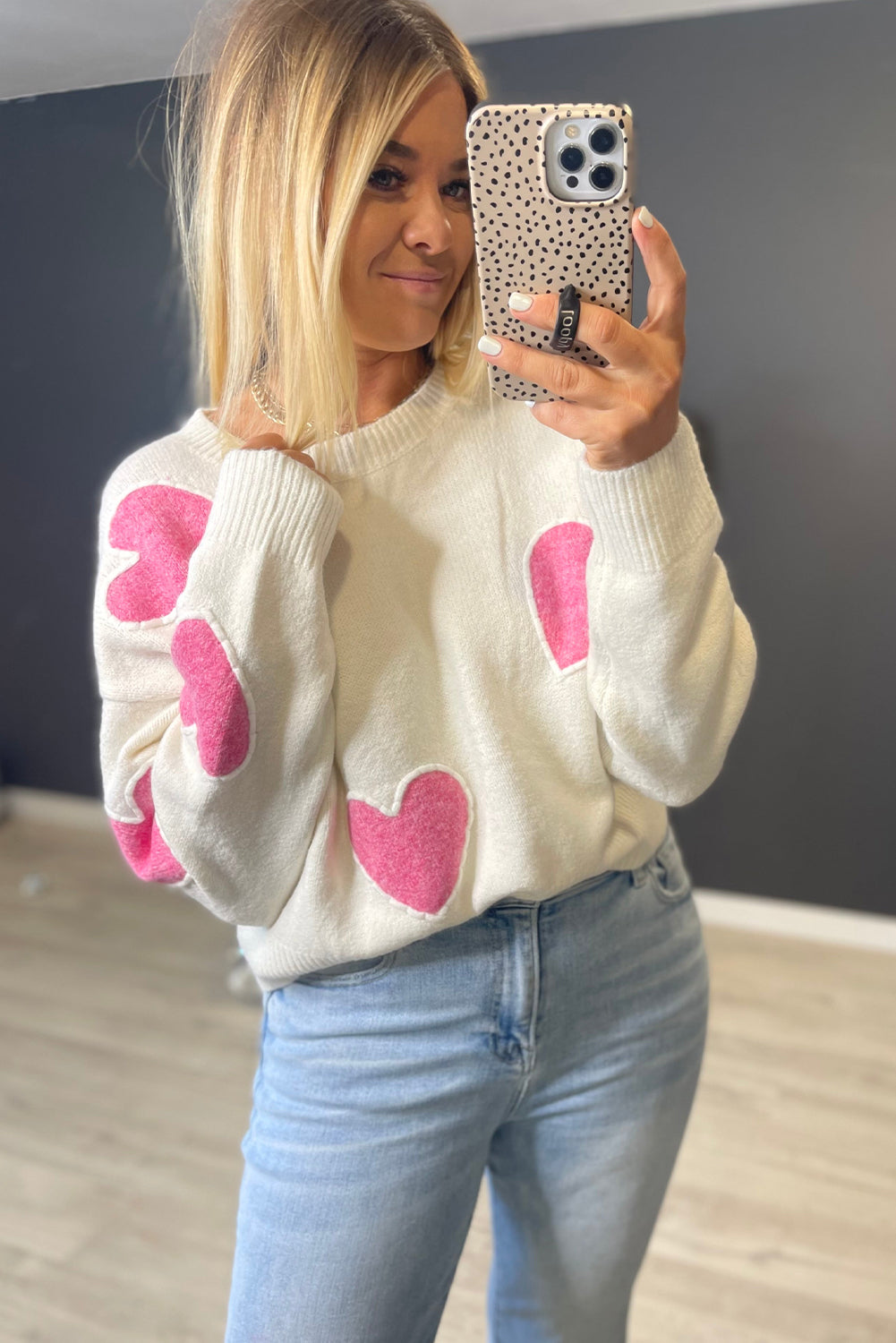 White Heart Patched Pattern Valentine Cropped Sweater