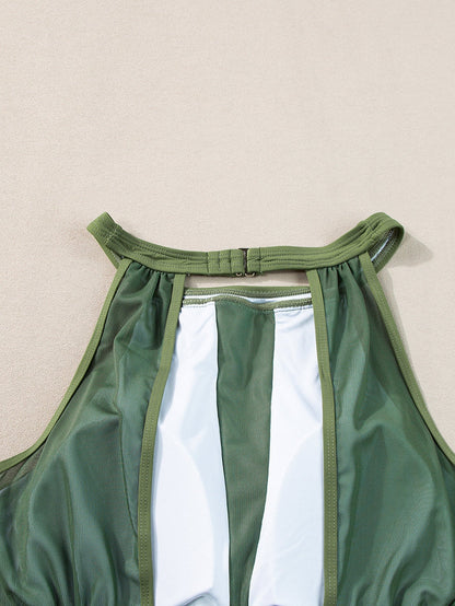 Green Mesh Ruched Tankini with High Neck Plunge