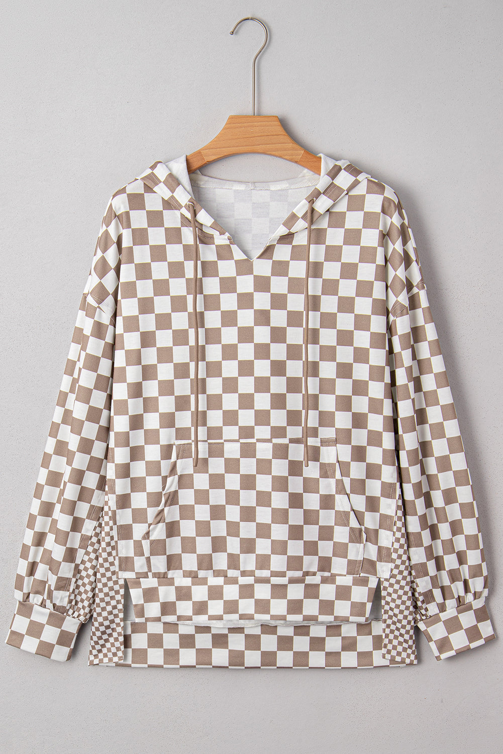 Khaki Double Checkered Patchwork Tie Neck Oversize Hoodie
