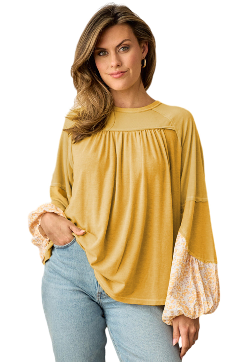 Floral Print Beige Colorblock Balloon Sleeve Top with Exposed Seams