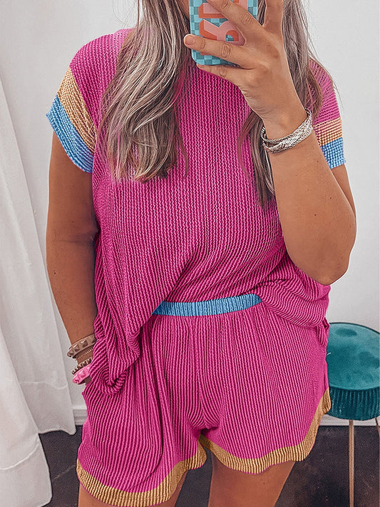Vibrant Pink Patchwork Knit Lounge Set for Plus Size Women