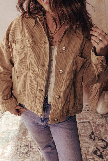Camel Double Patch Pocket Plus Size Corduroy Jacket