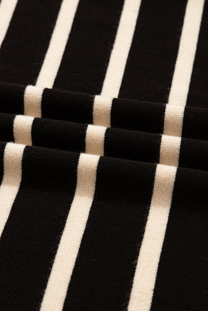 Black Stripe Polo Collar Puff Sleeve Sweater Mini Dress