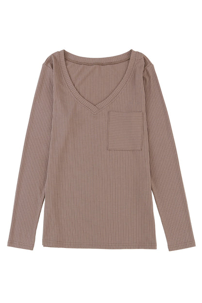 Khaki Ribbed V Neck Top with Chest Pocket