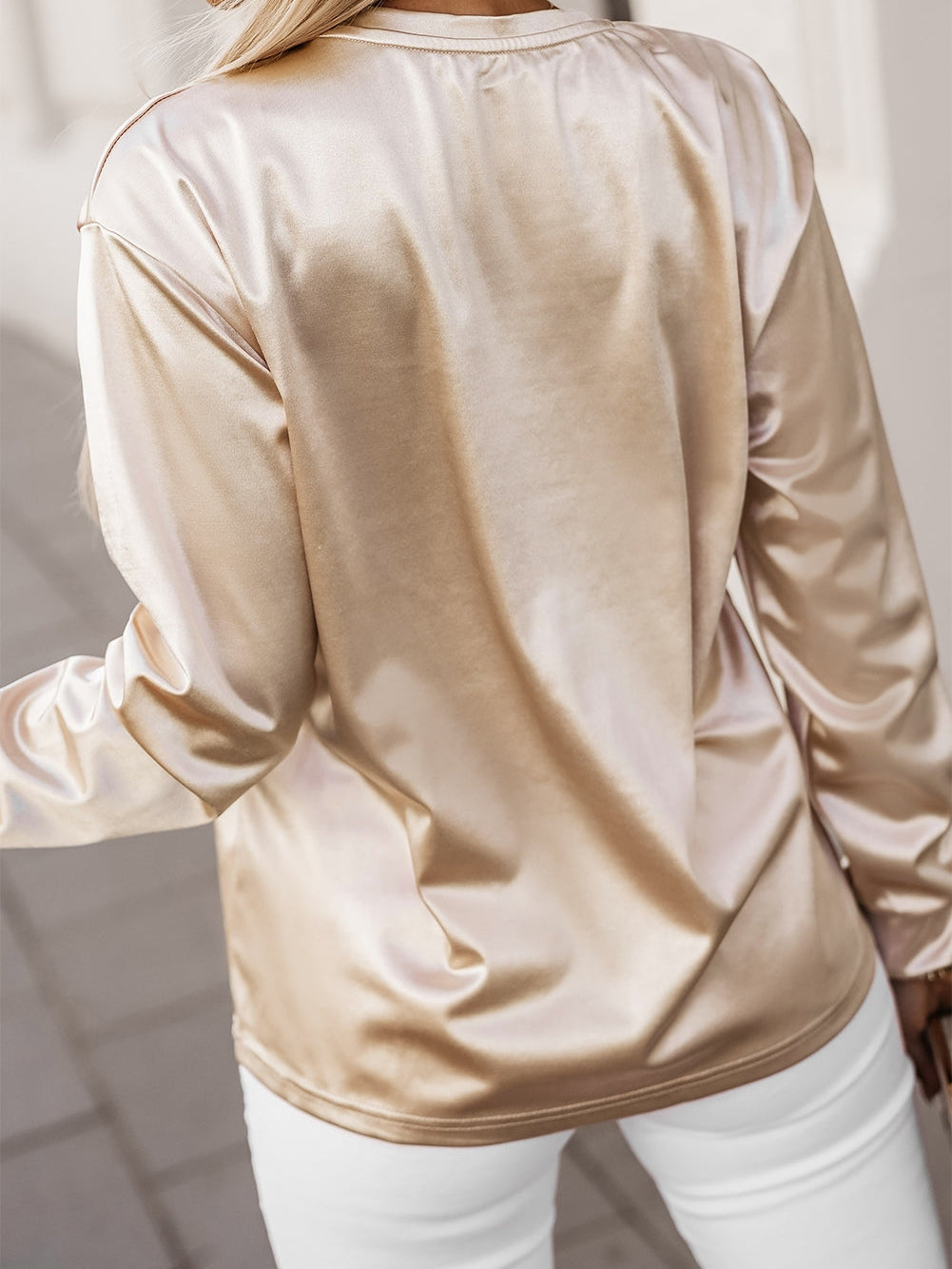 Glittery Apricot Satin Long Sleeve Top with Chest Pocket