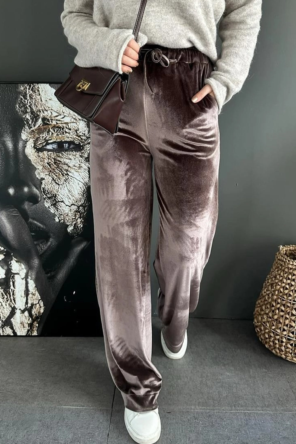 Goat Shiny Velvet Drawstring High Waist Straight Leg Casual Pants