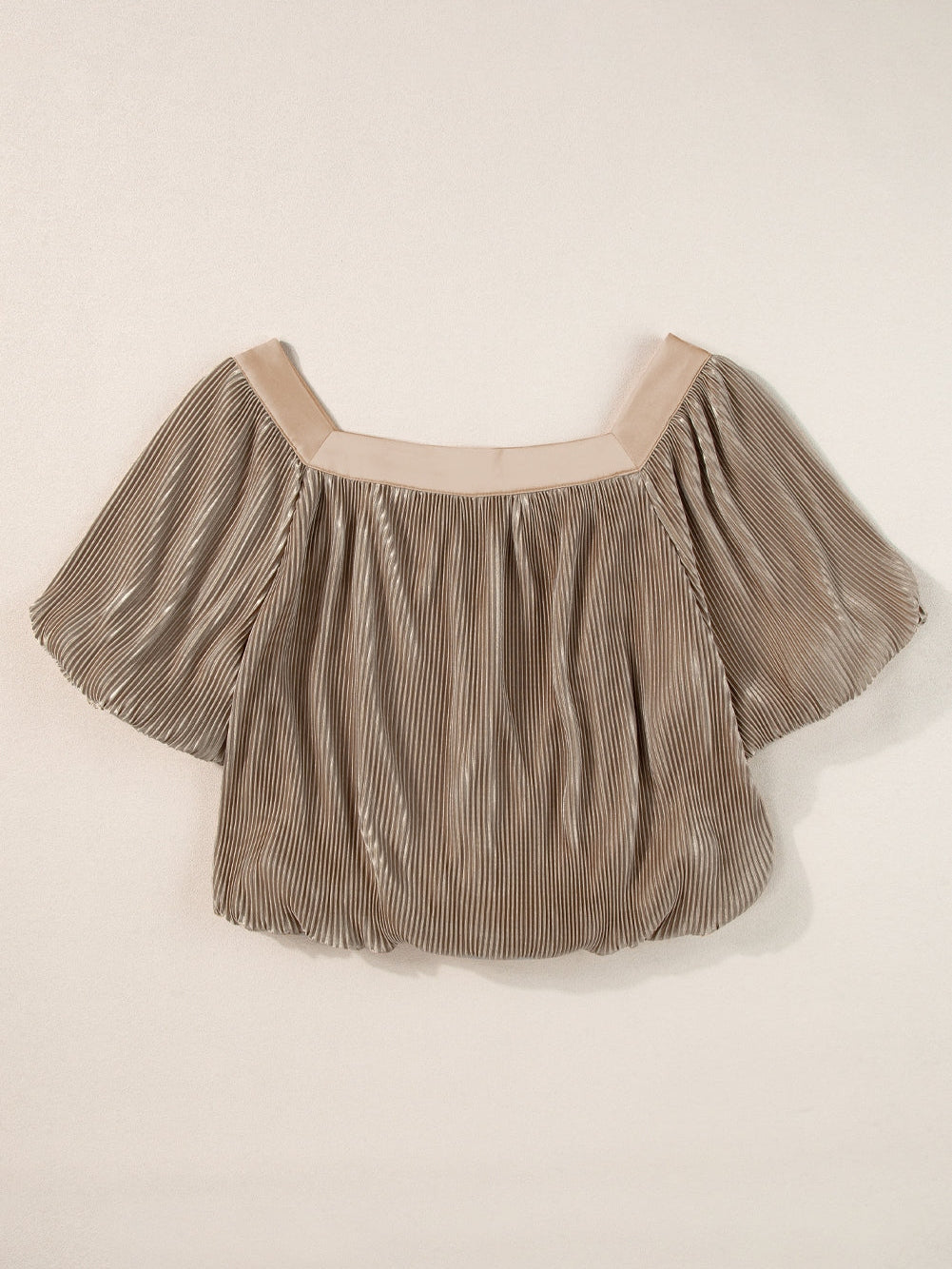 Elegant Taupe Pleated Puff Sleeve Square Neck Satin Blouse