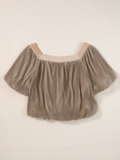 Elegant Taupe Pleated Puff Sleeve Square Neck Satin Blouse