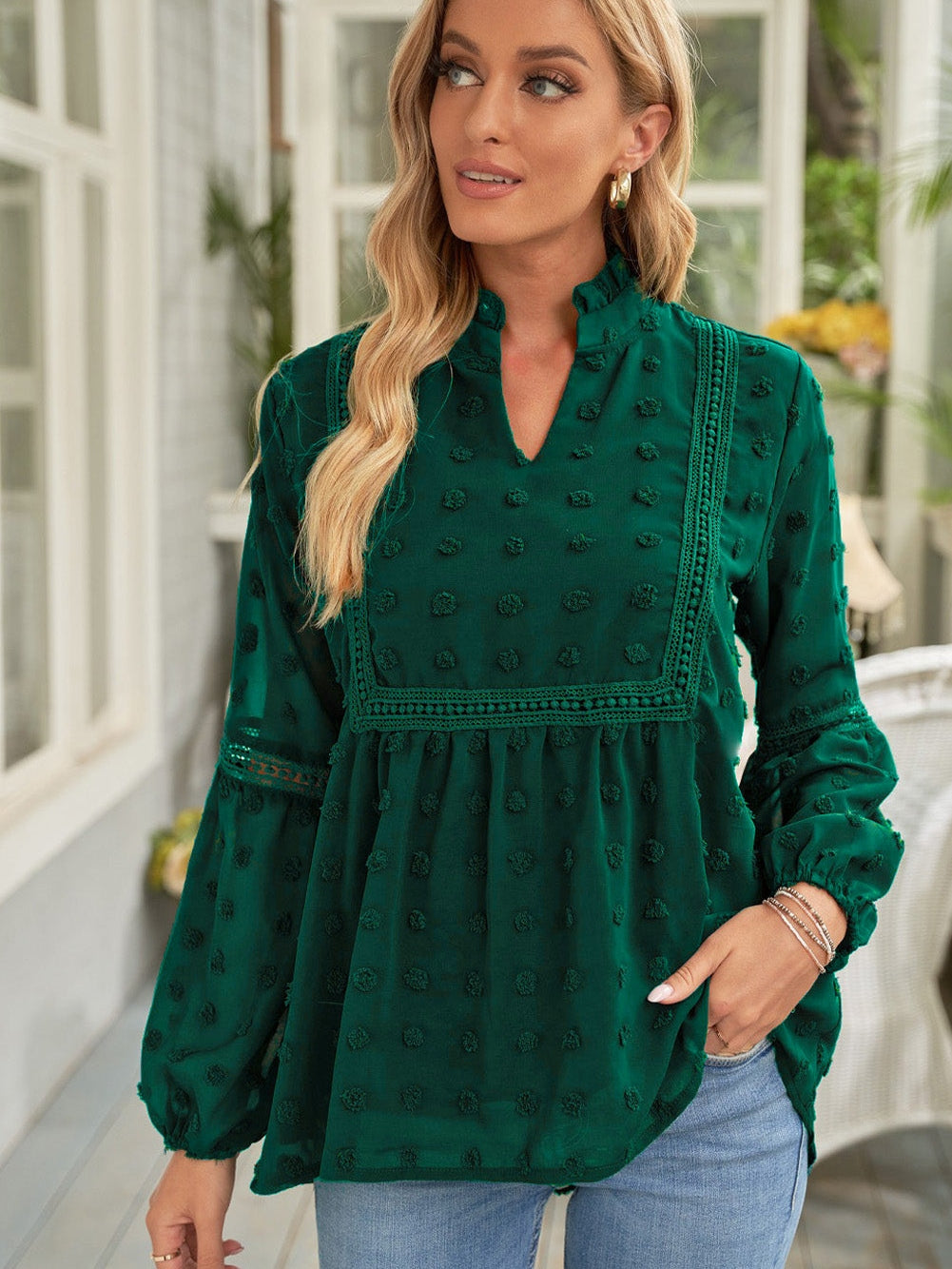 Green Polka Dot Lace Ruffle Split Neck Puff Sleeve Blouse