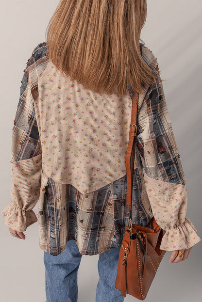 Ashleigh Blue Boho Floral Plaid Patchwork Distressed Detail Ruffled Sleeve Waffle Knit Shacket