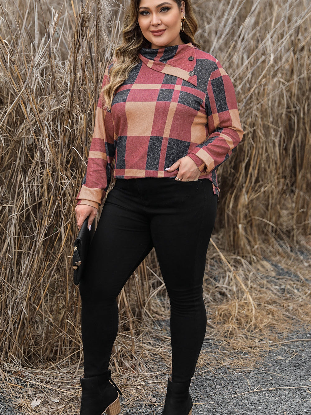 Mineral Red Geometric Print Plus Size Long Sleeve Collared Top