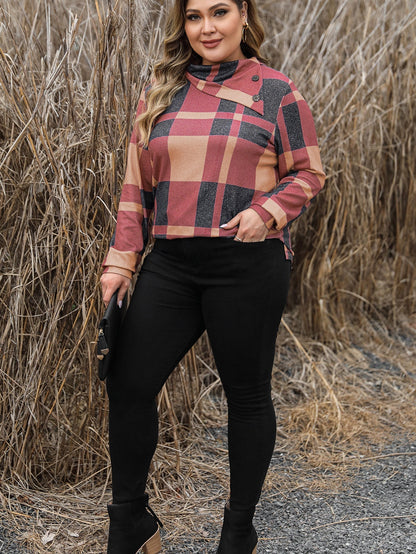 Mineral Red Geometric Print Plus Size Long Sleeve Collared Top