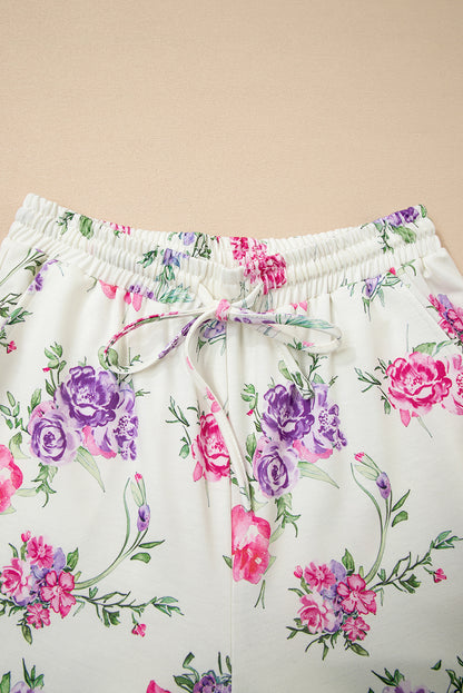 Apricot Floral Print Pullover Drawstring Lounge Pants Set