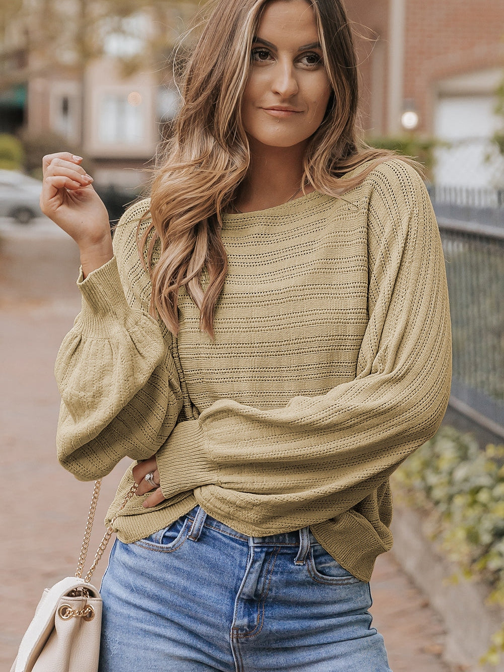 Apricot Eyelets Textured Lantern Sleeve Knit Jumper