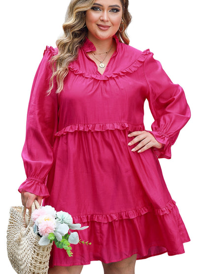 Rosy V-Neck Ruffle Detail Plus Size Shift Dress