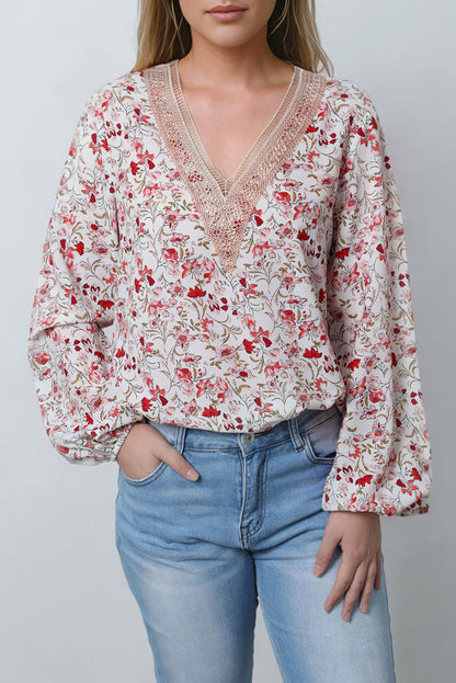 Elegant White Lace V-Neck Blouse with Floral Pattern