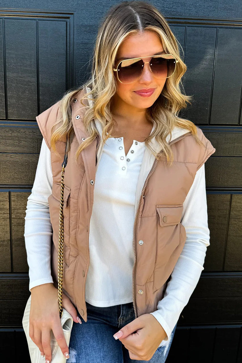 Smoke Gray Color Block Liner Patchwork Snap Button Zip Up Winter Vest