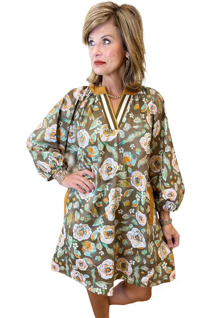 Brown Floral Print Contrast Trim V Neck Pocketed Long Sleeve Mini Dress